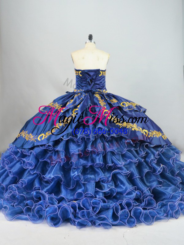 wholesale sleeveless embroidery and ruffled layers lace up quince ball gowns with blue brush train