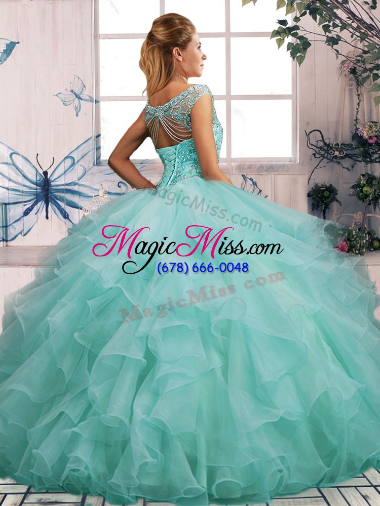wholesale green off the shoulder lace up beading and ruffles vestidos de quinceanera sleeveless