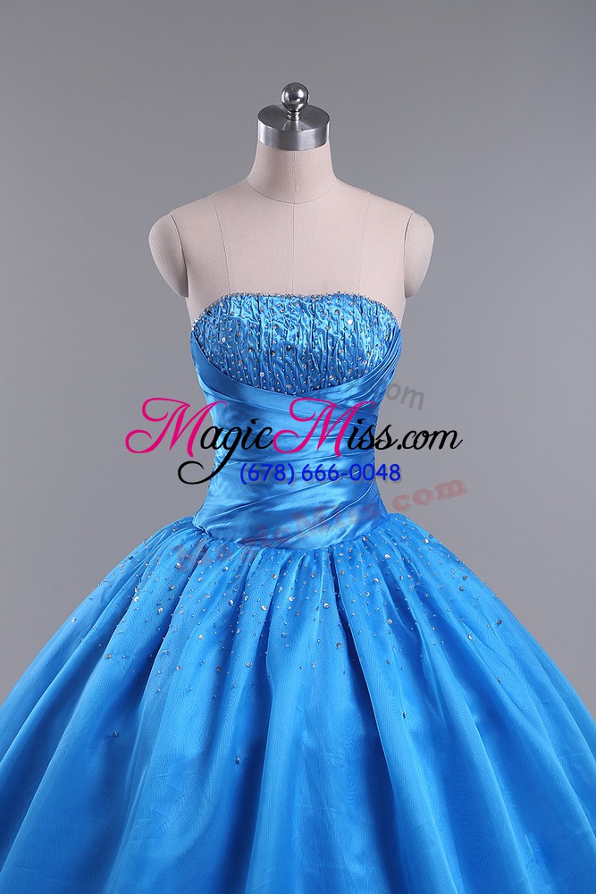 wholesale fancy blue sleeveless floor length beading lace up quince ball gowns