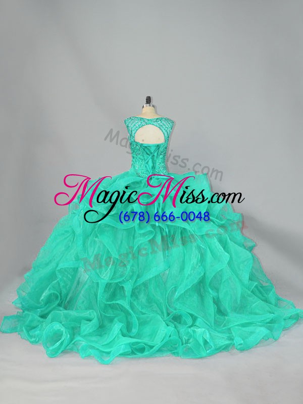 wholesale floor length turquoise ball gown prom dress organza sleeveless beading and ruffles