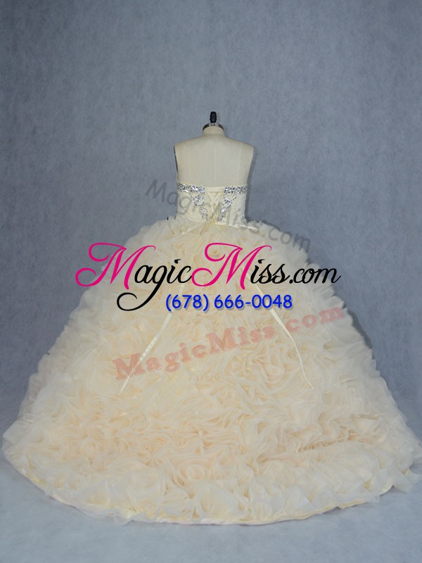 wholesale sweetheart sleeveless brush train lace up quinceanera gowns champagne fabric with rolling flowers
