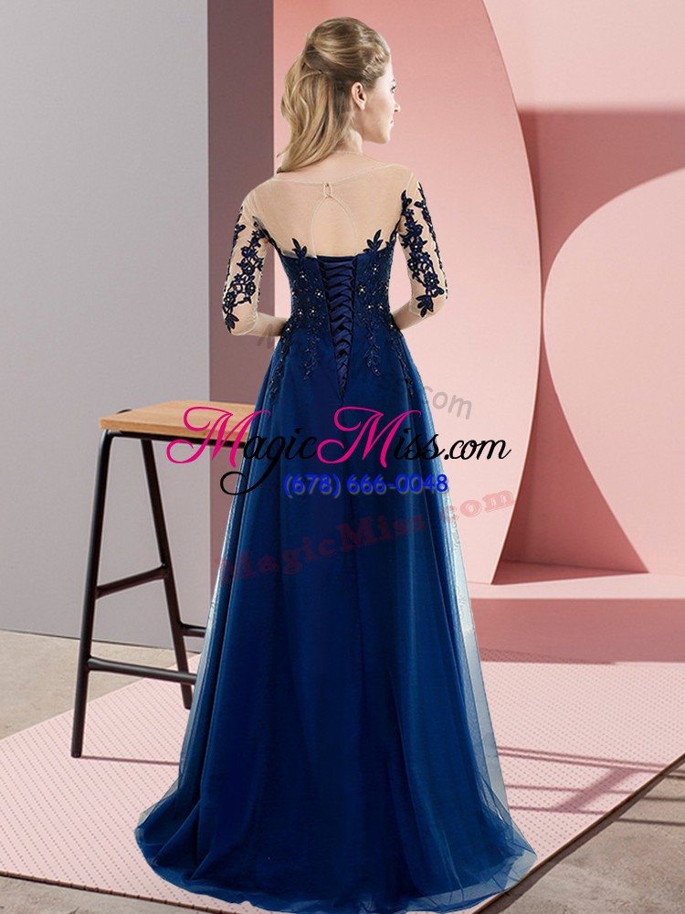 wholesale clearance navy blue half sleeves chiffon lace up court dresses for sweet 16 for wedding party