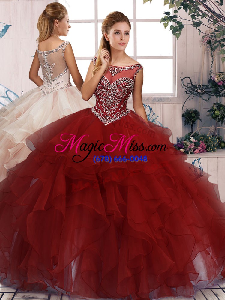 wholesale ball gowns quinceanera gown burgundy scoop organza sleeveless floor length zipper