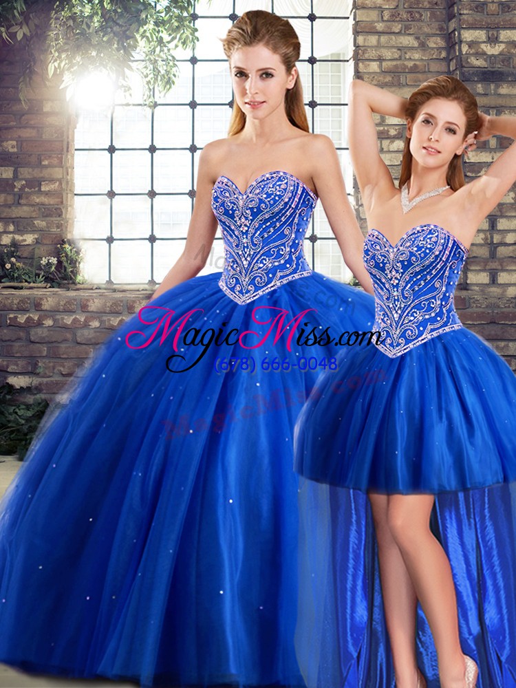 wholesale custom design blue three pieces tulle sweetheart sleeveless beading lace up quinceanera dress brush train