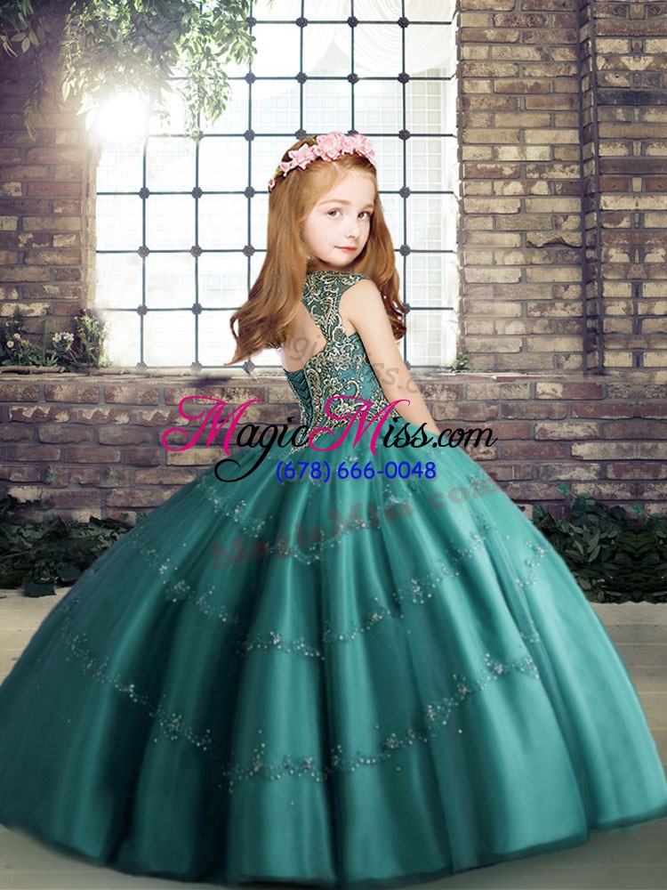 wholesale hot sale blue lace up little girls pageant dress wholesale beading sleeveless floor length