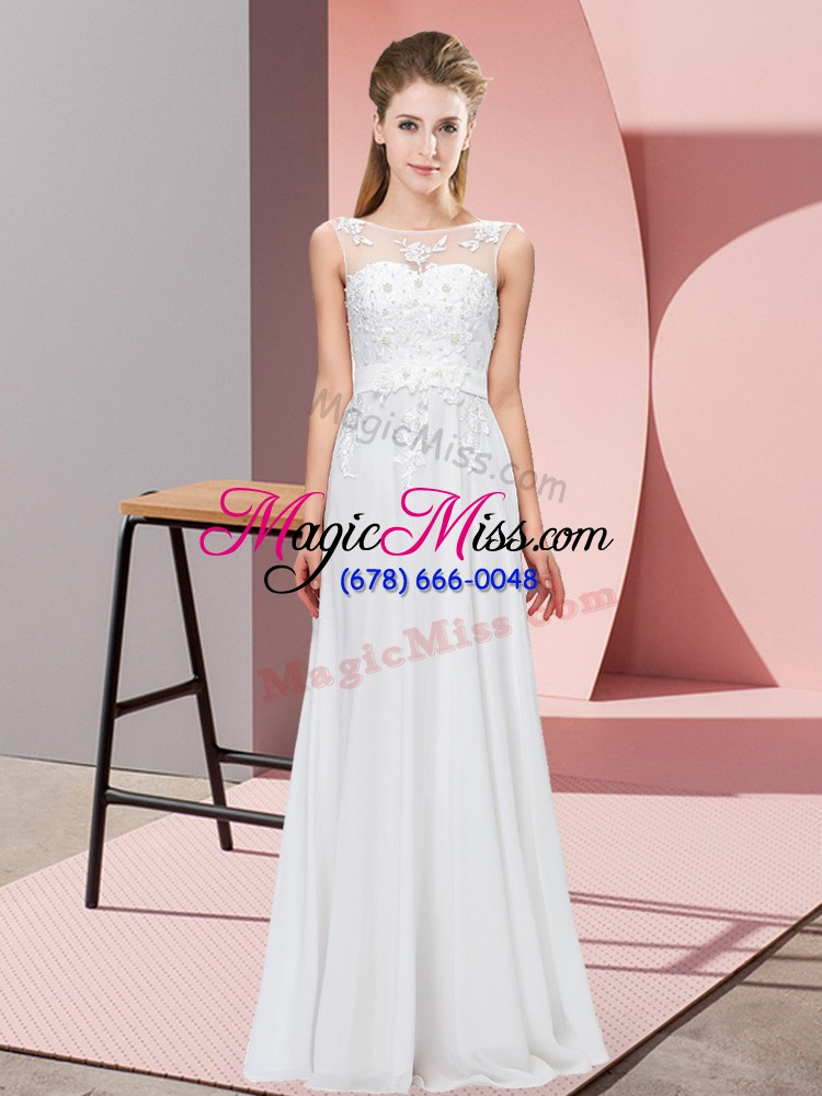 wholesale stylish white chiffon zipper scoop sleeveless floor length dama dress beading and appliques