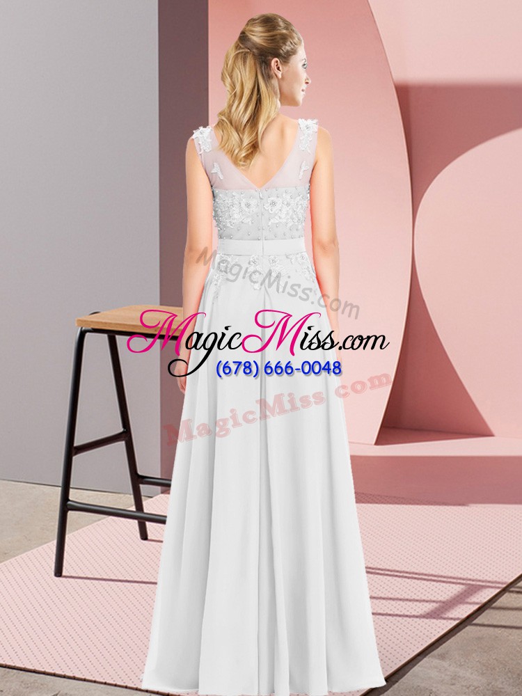 wholesale stylish white chiffon zipper scoop sleeveless floor length dama dress beading and appliques