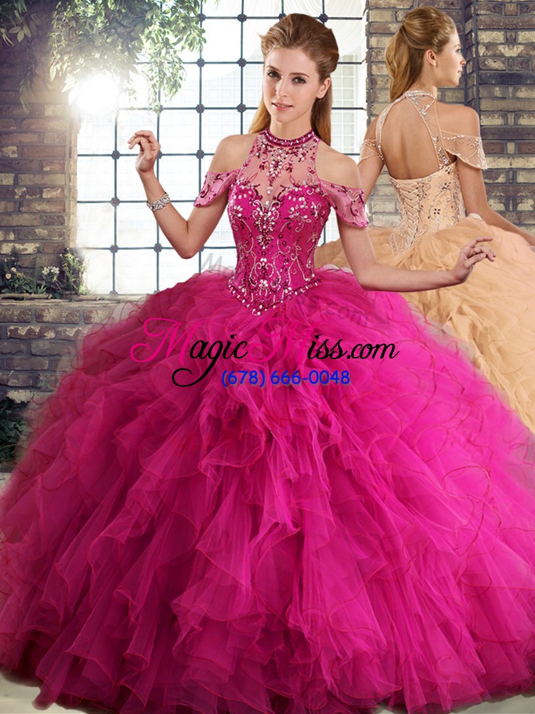 wholesale extravagant fuchsia sleeveless floor length beading and ruffles lace up quinceanera gowns