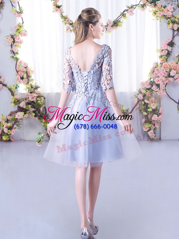 wholesale most popular lace bridesmaid dresses grey lace up half sleeves mini length