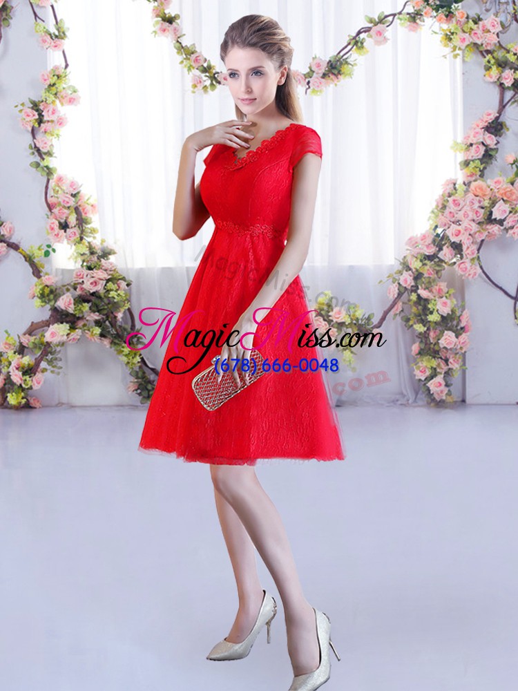 wholesale fancy lace vestidos de damas red lace up cap sleeves mini length