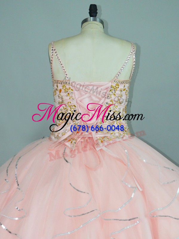 wholesale peach ball gowns tulle straps sleeveless beading and ruffles floor length lace up 15th birthday dress