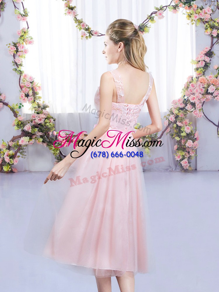 wholesale stylish sleeveless tulle tea length lace up vestidos de damas in baby pink with lace and belt