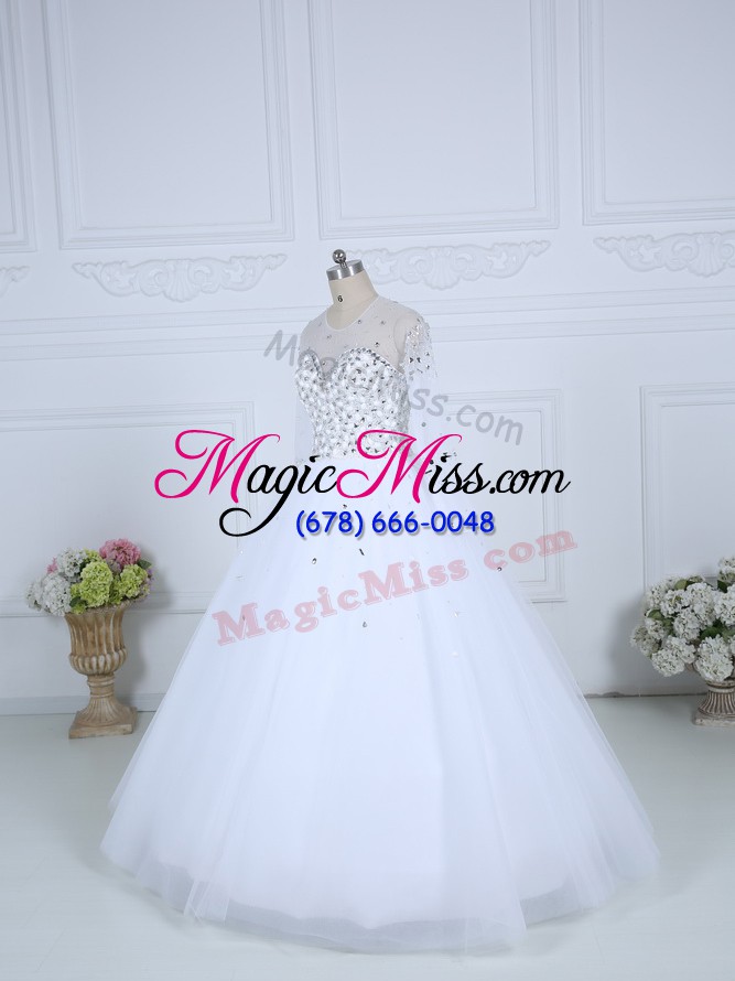 wholesale high class white lace up scoop beading wedding dress tulle long sleeves