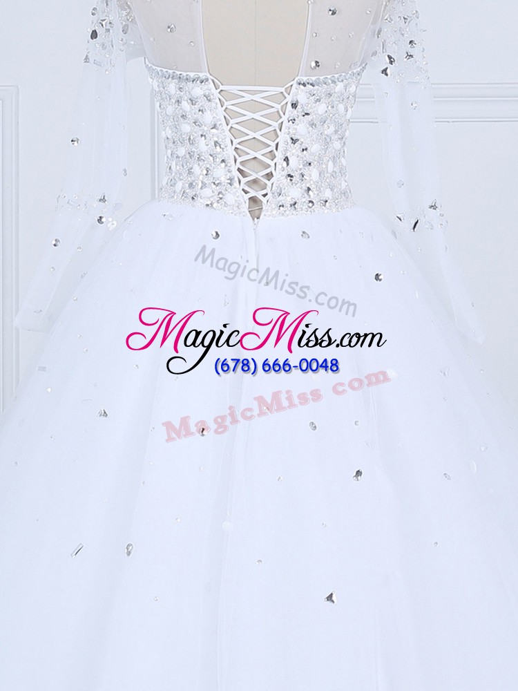 wholesale high class white lace up scoop beading wedding dress tulle long sleeves