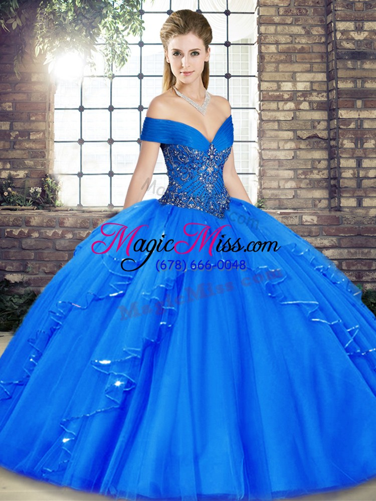 wholesale royal blue off the shoulder neckline beading and ruffles quinceanera gowns sleeveless lace up