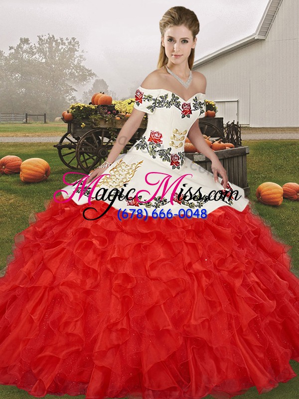 wholesale modern white and red lace up off the shoulder embroidery and ruffles quinceanera gown organza sleeveless