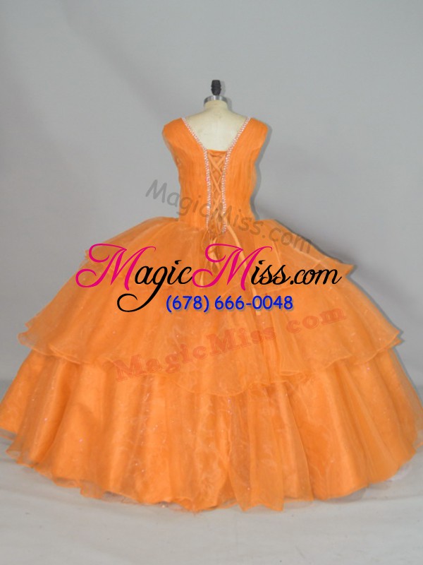 wholesale orange sleeveless beading and ruffled layers and ruching floor length quince ball gowns