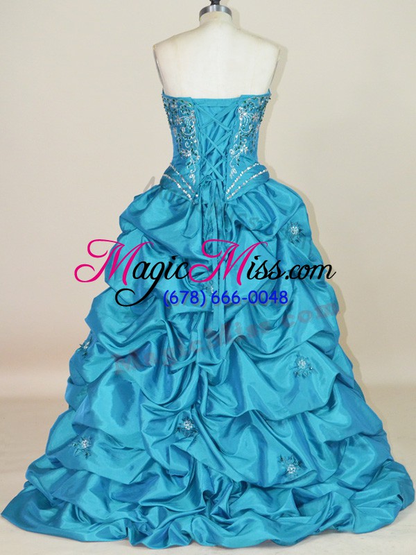 wholesale discount sweetheart sleeveless lace up dress for prom teal taffeta