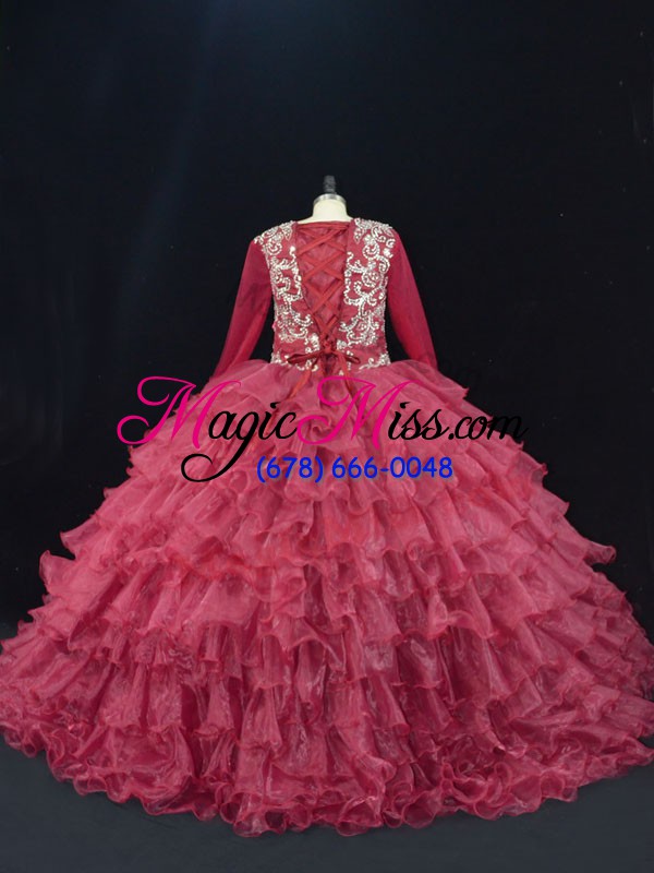 wholesale burgundy v-neck neckline ruffled layers sweet 16 dresses long sleeves lace up