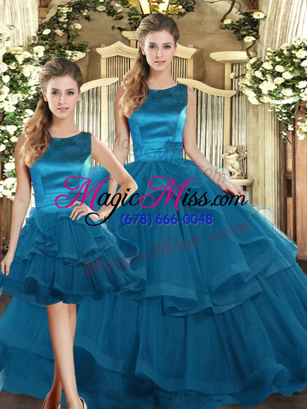 wholesale elegant sleeveless tulle floor length lace up sweet 16 dresses in teal with ruffles