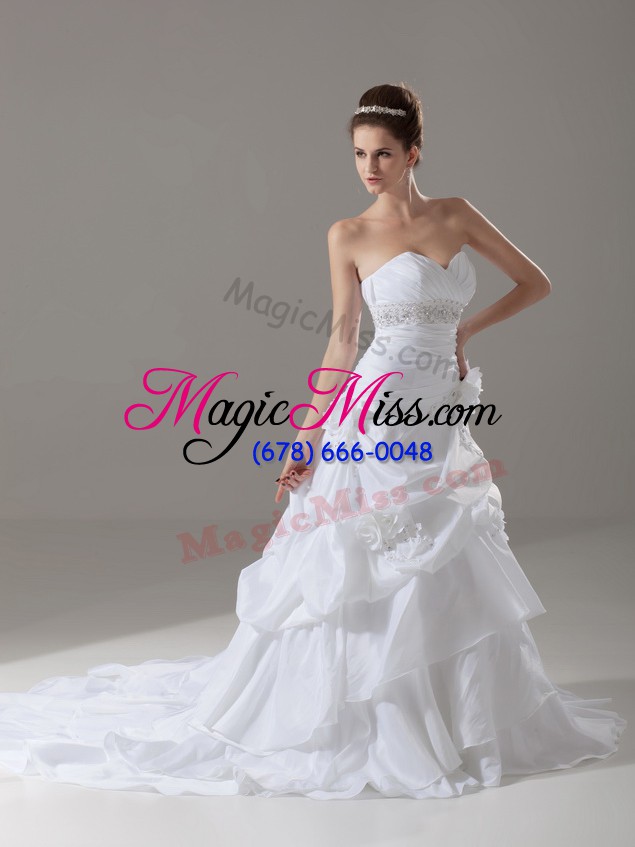 wholesale white sleeveless taffeta brush train lace up wedding gown for wedding party
