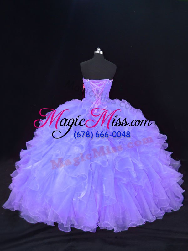 wholesale fine organza strapless sleeveless lace up beading and ruffles 15th birthday dress in purple