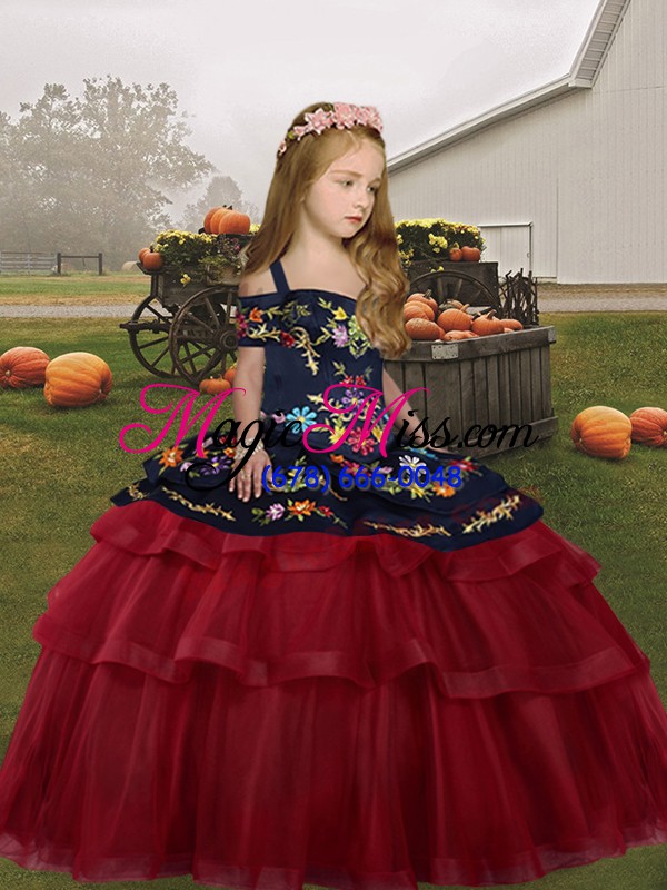 wholesale red straps neckline embroidery and ruffled layers pageant gowns for girls sleeveless lace up
