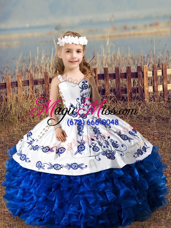 wholesale new style blue and white lace up quinceanera gown embroidery and ruffles sleeveless floor length