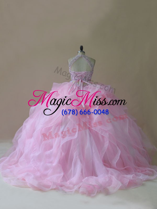 wholesale luxurious baby pink sweet 16 dress sweet 16 and quinceanera with ruffles halter top sleeveless brush train lace up