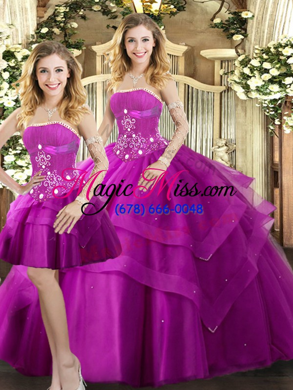 wholesale best fuchsia sleeveless tulle lace up quince ball gowns for sweet 16 and quinceanera
