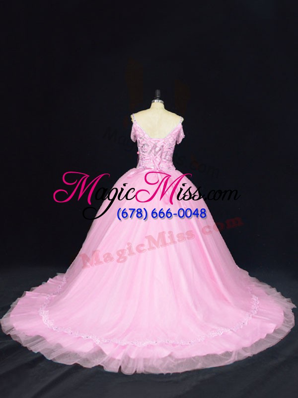 wholesale baby pink ball gowns tulle off the shoulder sleeveless beading lace up 15th birthday dress court train