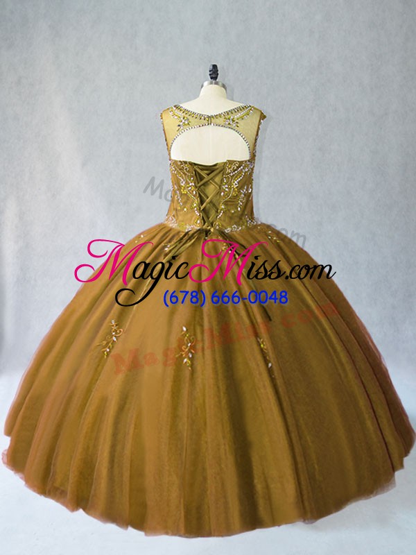 wholesale great sleeveless tulle floor length lace up 15th birthday dress in brown with beading