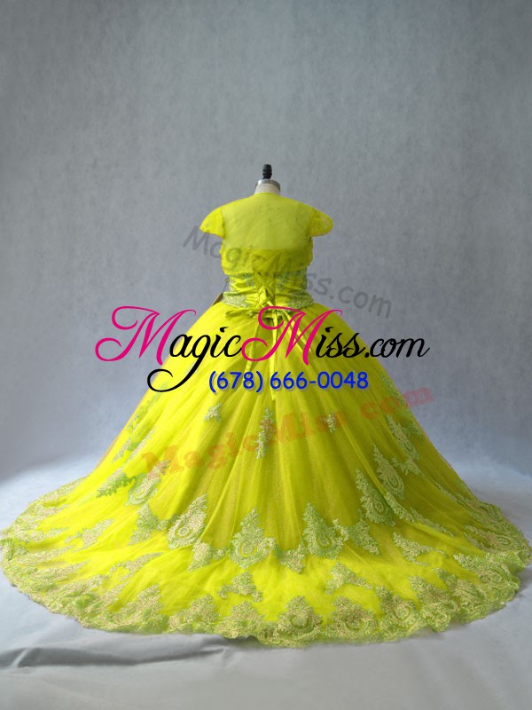 wholesale yellow green tulle lace up sweet 16 quinceanera dress sleeveless court train appliques