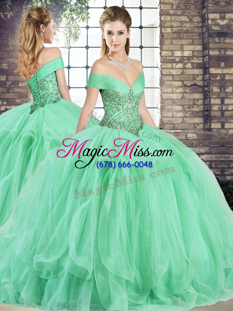 wholesale luxury apple green sleeveless tulle lace up sweet 16 quinceanera dress for military ball and sweet 16 and quinceanera