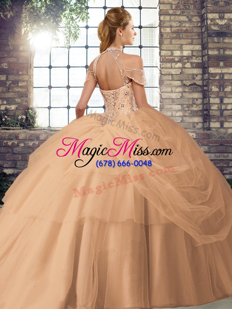 wholesale halter top sleeveless tulle quinceanera gown beading and pick ups brush train lace up
