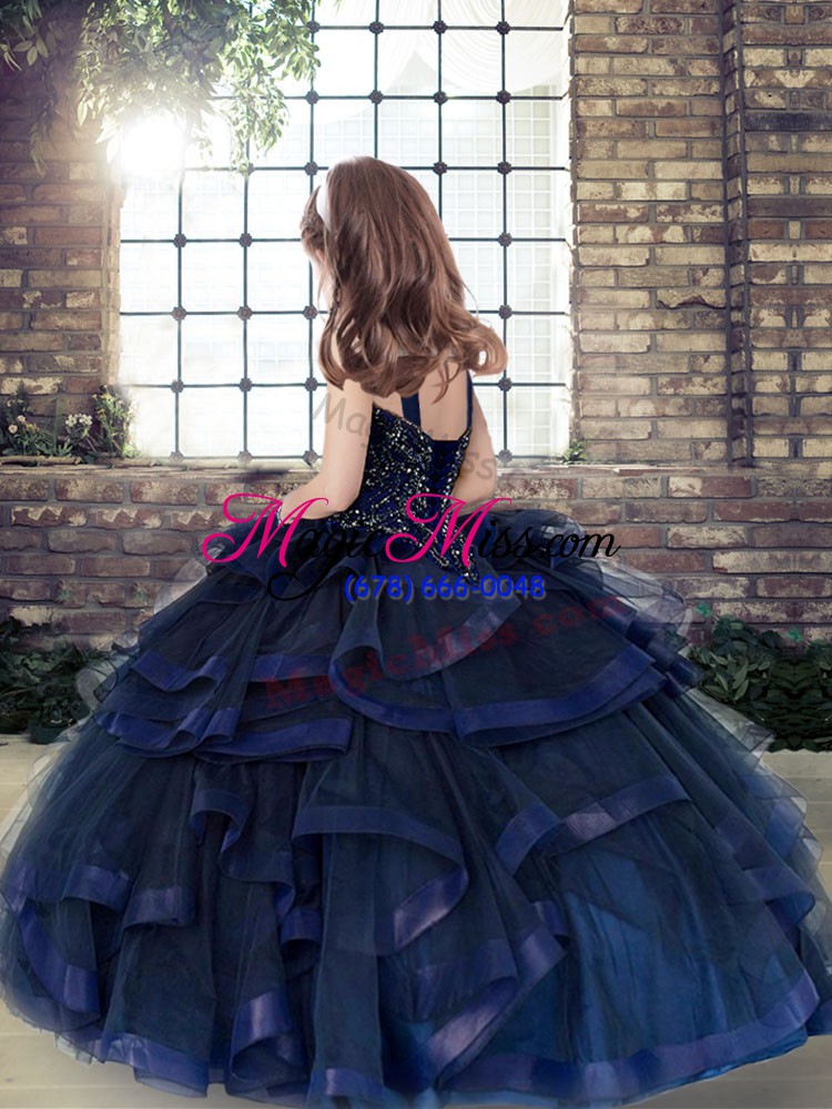 wholesale dazzling ball gowns kids formal wear pink straps tulle sleeveless floor length lace up