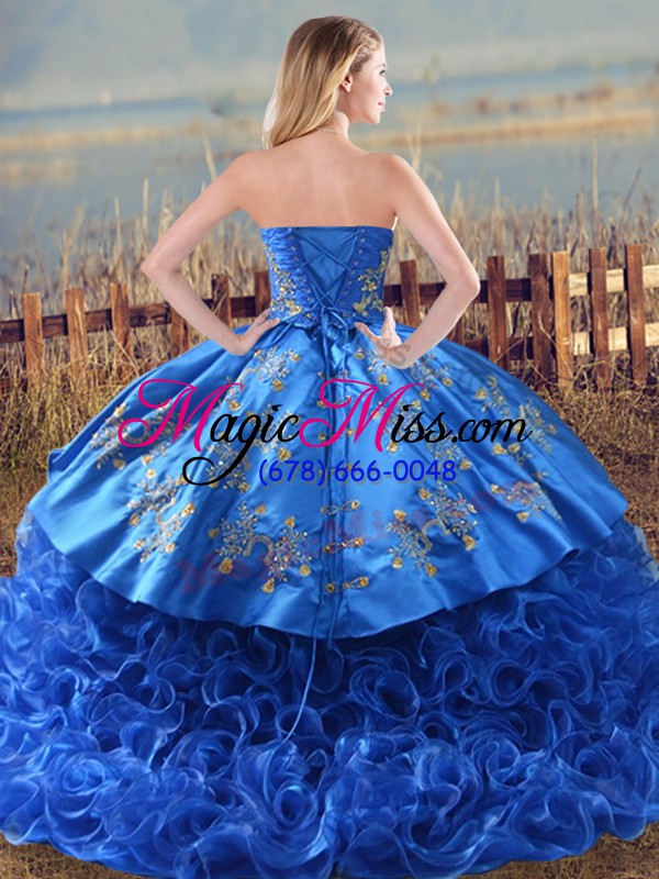 wholesale turquoise sweetheart lace up embroidery and ruffles quinceanera gowns brush train sleeveless