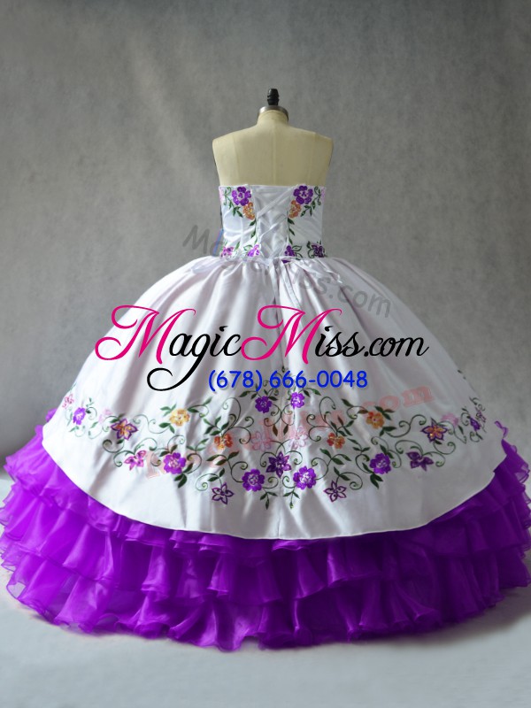 wholesale floor length white and purple quinceanera gowns organza sleeveless embroidery and ruffled layers