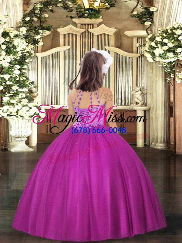 wholesale sleeveless tulle floor length lace up pageant dress for womens in hot pink with beading