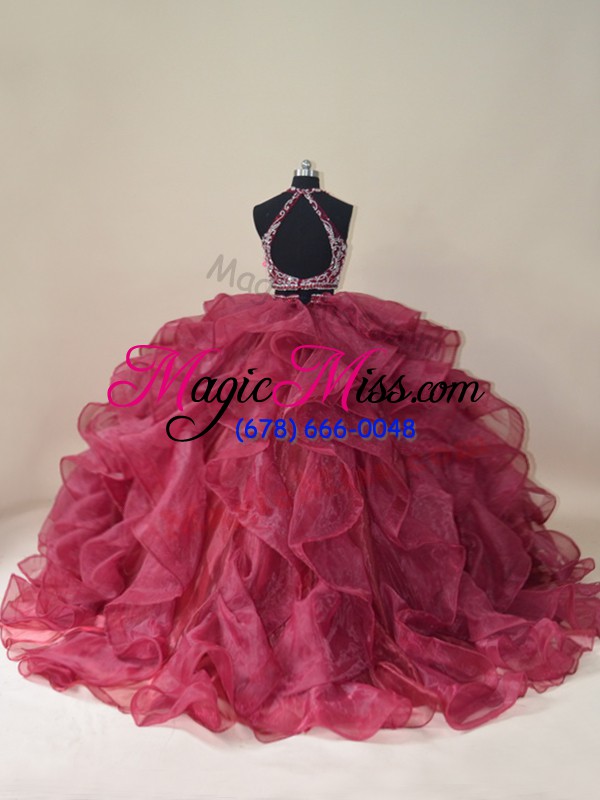 wholesale luxury brush train ball gowns quince ball gowns burgundy halter top organza sleeveless backless