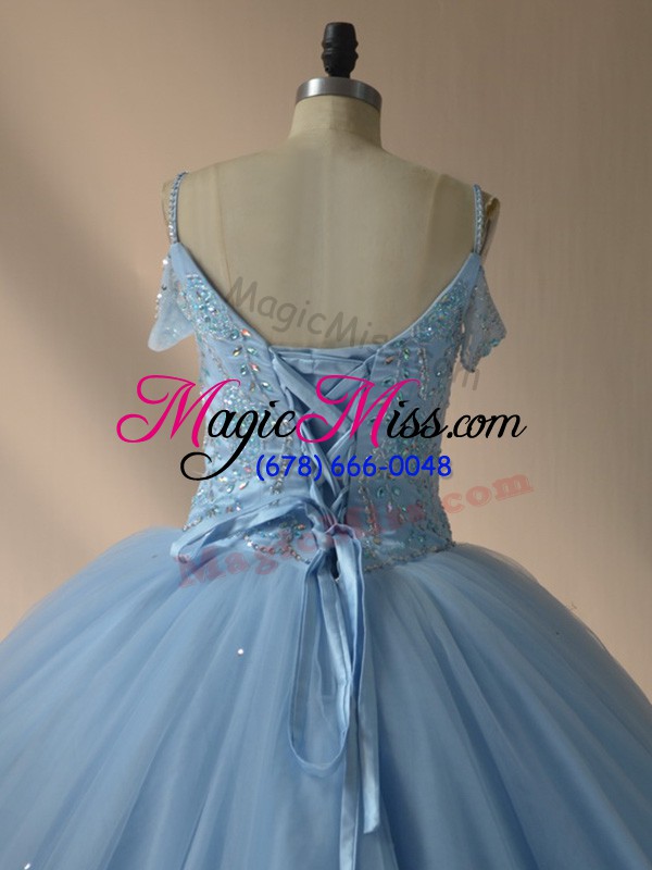 wholesale blue and light blue tulle lace up quinceanera dress sleeveless brush train beading