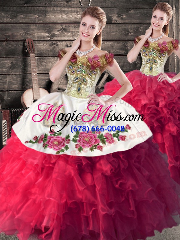wholesale stunning pink and white sleeveless floor length embroidery and ruffles lace up vestidos de quinceanera