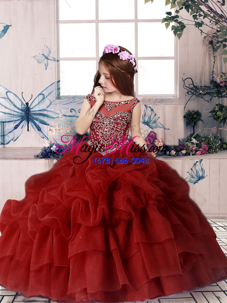 wholesale stunning chiffon off the shoulder sleeveless lace up beading and pick ups little girls pageant dress in red