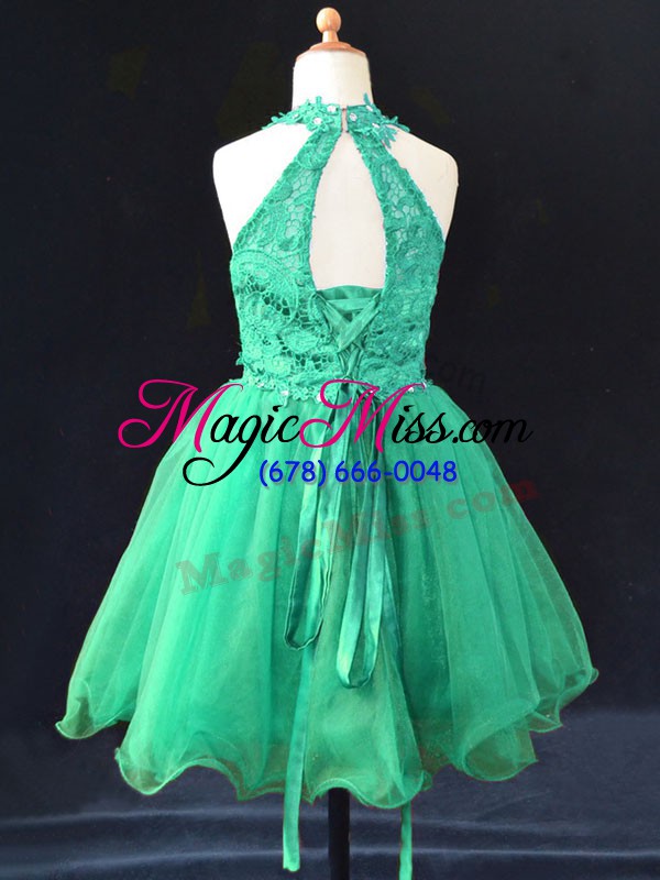 wholesale affordable sleeveless mini length beading and lace lace up flower girl dress with green