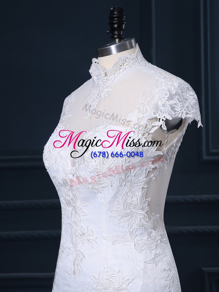 wholesale white wedding dress high-neck cap sleeves court train clasp handle