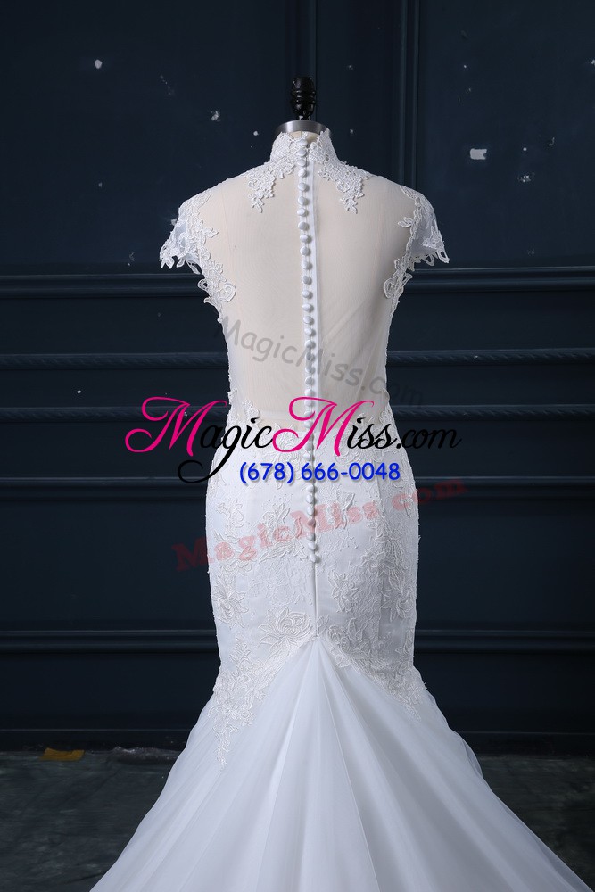 wholesale white wedding dress high-neck cap sleeves court train clasp handle