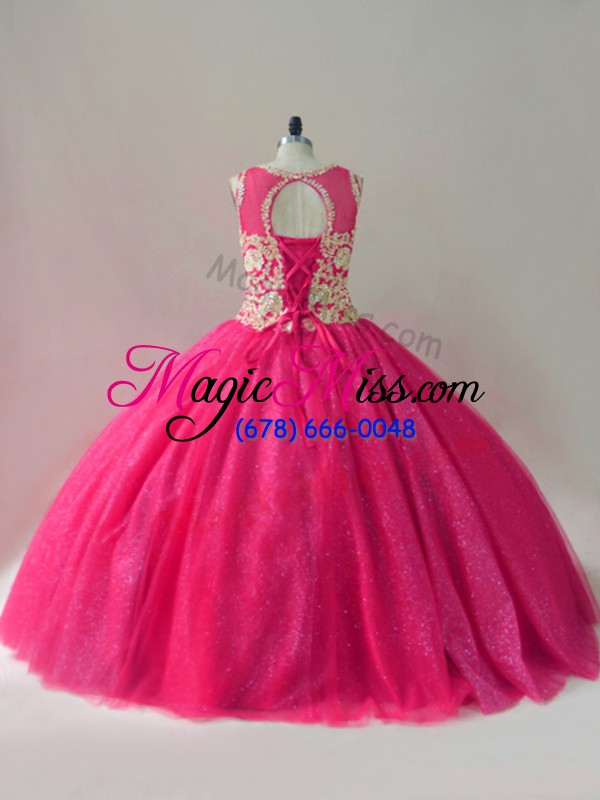 wholesale sumptuous hot pink lace up scoop appliques ball gown prom dress tulle sleeveless