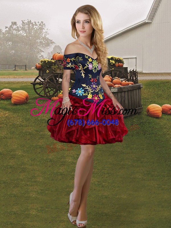 wholesale pretty red and black quinceanera dress military ball and sweet 16 and quinceanera with embroidery and ruffles off the shoulder sleeveless lace up