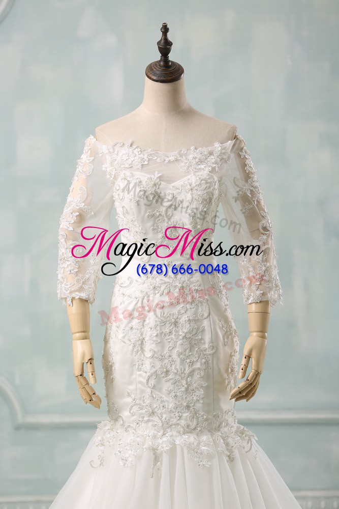 wholesale lace up wedding dresses white for wedding party with lace watteau train