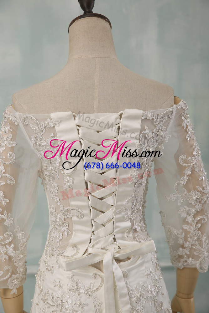 wholesale lace up wedding dresses white for wedding party with lace watteau train